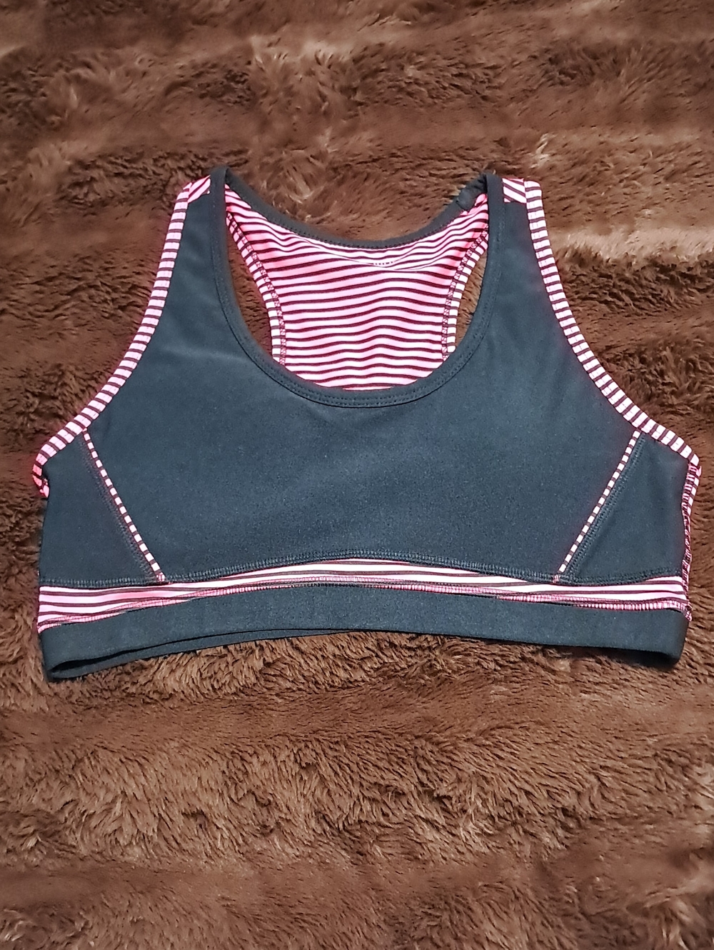 NWOT! Women’s Black and Pink Striped Sports Bra Size L
